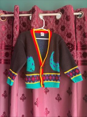 Vintage Kids Black Knit Dinosaur Cardigan Size 4T